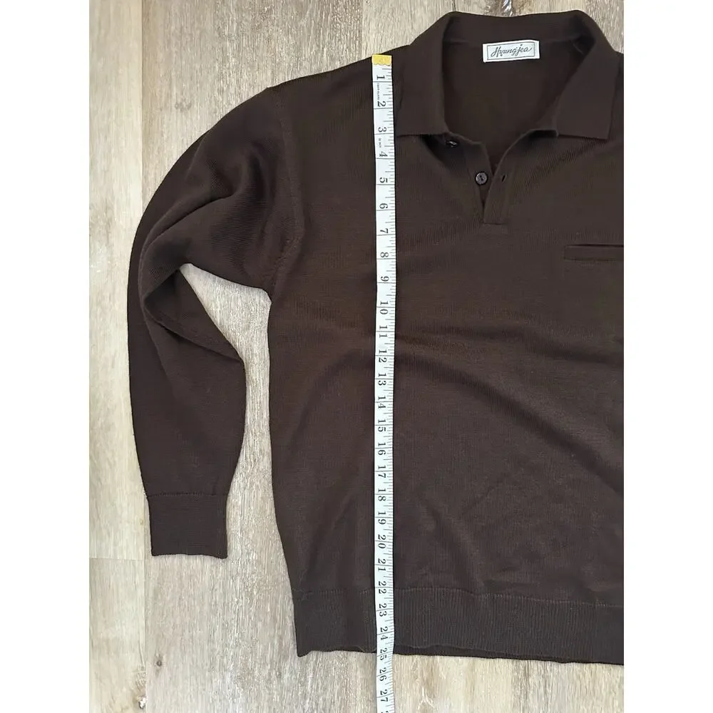 Vintage Hyungjea‎ 100% Wool Polo Sweater Mens Medium Brown Knit Long Sleeve